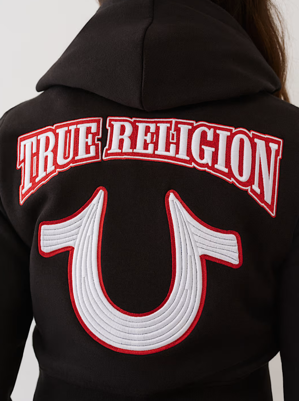 True Religion Embroidered Shrunken Zip Hoodie Black Red - TRESZHBRW