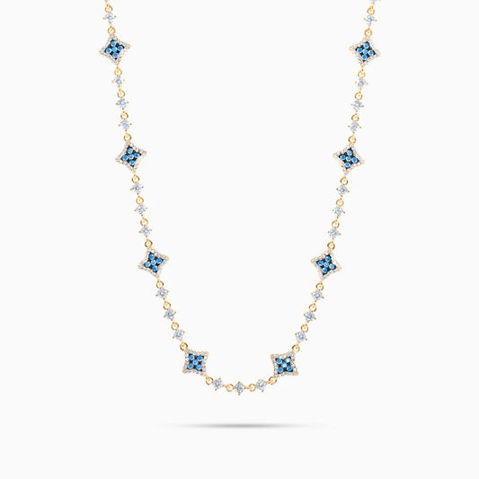 Gold Flower Tennis Chain Blue Stones - WACN-CFTSBL-1620